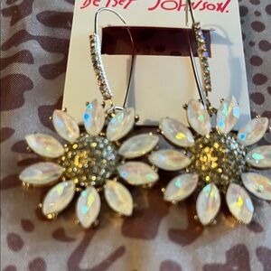 Betsey Johnson Iridescent White Crystal and Gold Flower Earrings